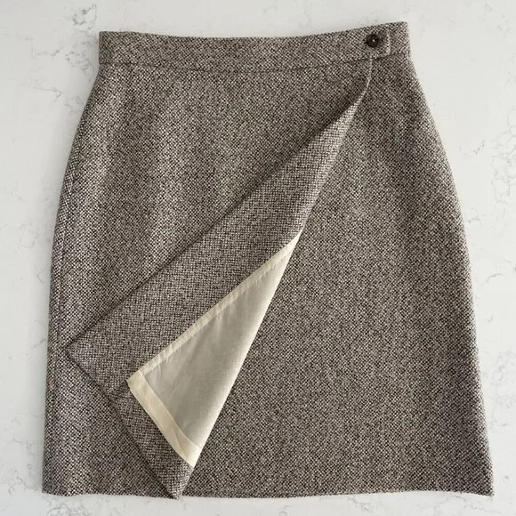 Brooks Brothers Classic Lined Tweed Wool Blend Wrap Skirt Brown Tan Cream Sz 8 - Picture 7 of 15